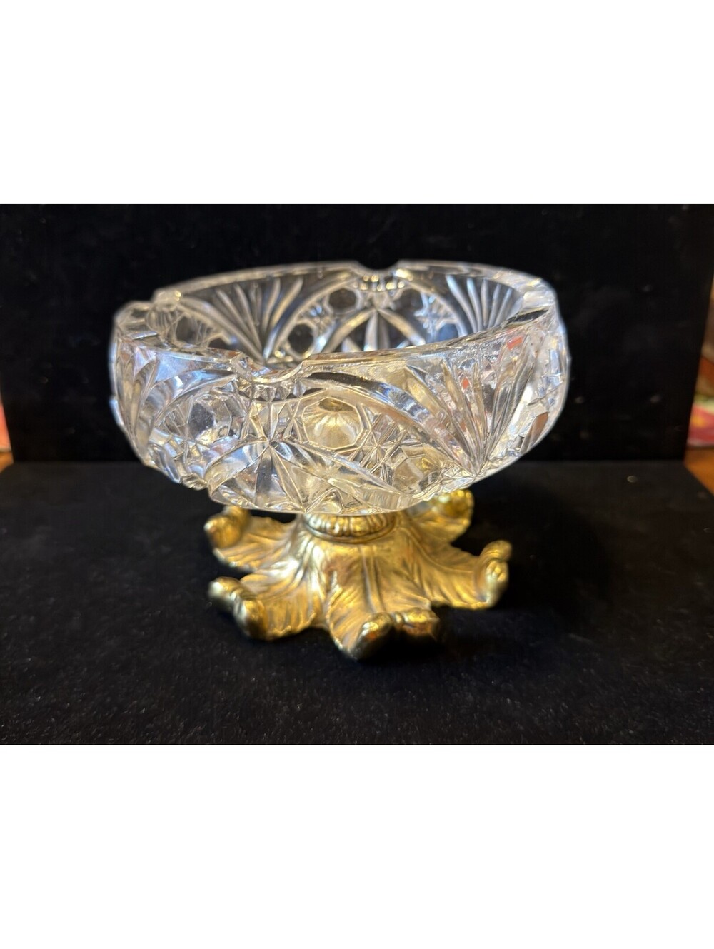 Hollywood RegancyVintage Cut Crystal Compote On Brass Base? Ashtray/Dish Heavy